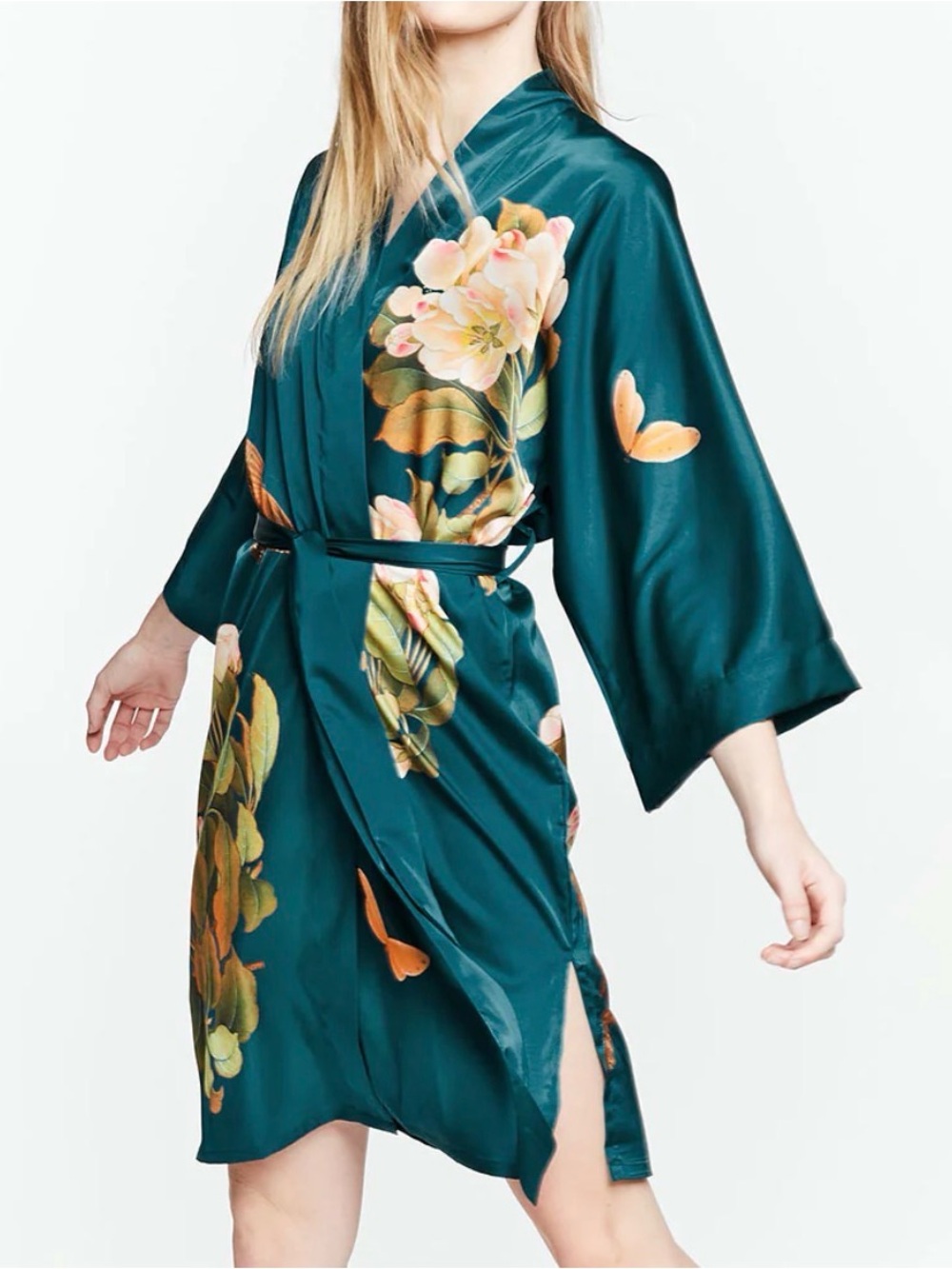 Teal Floral Satin Kimono Robe - Women’s Sleepwear
